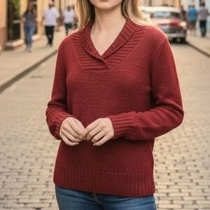 St John's Bay Red V-Neck  Collared Sweater Women's Size M Soft Versatile Casual